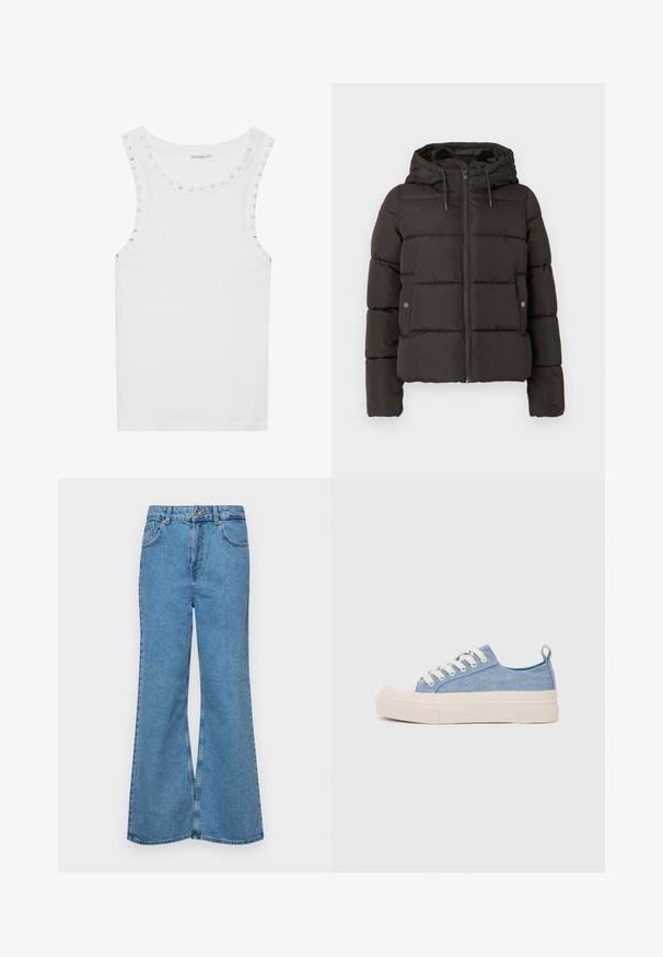 Black padded jacket with a hood, featuring a front zipper, stitched panels, and side pockets with snap closures. Smooth fabric texture.; White sleeveless tank top made of cotton, featuring a round neckline adorned with silver studs along the shoulders for added detail.; Light blue flared jeans made of denim, featuring a high waist, five pockets, and a single button closure. Soft texture with faded finish.; Light blue canvas sneakers with a cream rubber toe cap and outsole, featuring white laces and a pull tab on the heel.