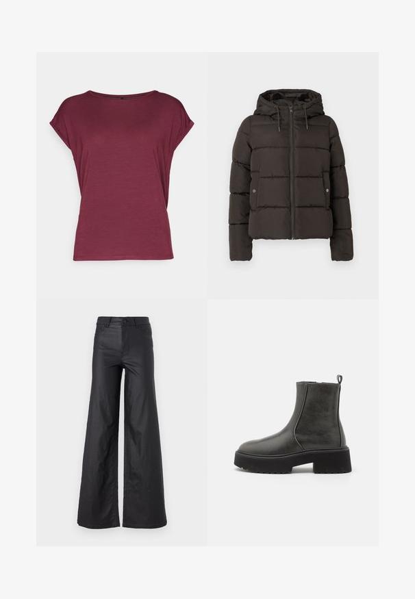 Črna podložena jakna s kapuco, z zadrgo spredaj, šivanimi panelem in stranskimi žepi z zapiralko na gumb. Gladka tekstura tkanine.; Vero Moda VMAVA PLAIN - Navadna majica - port royale; Črne, širokoglede hlače iz umetnega usnja. Imajo visok pas, zanke za pas, dva sprednja žepa in šivano detajliranje.; Črne gležnjarje s gladkim sintetičnim zgornjim delom, elastičnimi stranskimi paneli, zanka za poteg in debelim gumijastim podplatom.