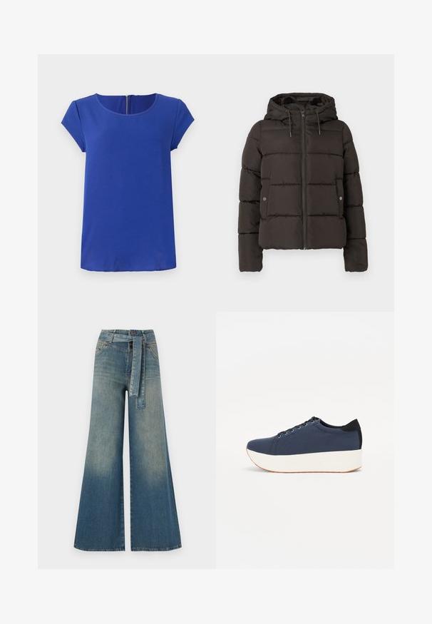 Juodas paminkštintas džemperis su kapišonu, su priekiniais užtrauktukais, siuvinėtais skydais ir šoninėmis kišenėmis su spaustukais. Lygi audinio tekstūra.; Mėlynas trumpomis rankovėmis viršus, pagamintas iš lygaus audinio. Turi apvalų iškirpimą ir paslėptą užtrauktuką nugaros pusėje. Tiesi apačia.; Platus džinsinis kelnes su šviesiai tamsiai mėlynu gradientu, aukštu juosmeniu, diržo kilpomis ir atitinkančiu audinio diržu. Textūruotas džinsinis paviršius.; Tamsiai mėlynas sportinis batelis su tekstūruotu audiniu viršuje, baltu platformos padu, apvaliu pirštu ir juodu kulno akcentu.š. Yra šešios skylės raišteliams.