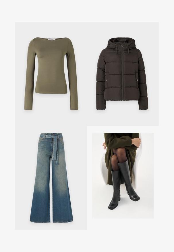 Mustan pehmendatud jope kapuutsiga, millel on ees tõmblukk, õmmeldud paneelid ja küljetaskud klõpsuga. Siledat kangast tekstuur.; Oliivroheline pika varrukaga topp, millel on figuuri järgiv lõige, valmistatud siledast ja venivast kangast, millel on lai kaelus ja minimaalsed õmblused.; Laiad denimpüksid, millel on hele tume sinine gradiendiefekt, kõrge vöökoht, vöökumlid ja sobivast kangast vöö. Struktureeritud denimi viimistlus.; Knee-high mustad nahast saapad nelinurkse varbaga ja plokilise kontsaga, esitatud mudeli kõrval, kes istub oliivirohelises mantlis. Sujuv tekstuur, minimaalne detailide arv.