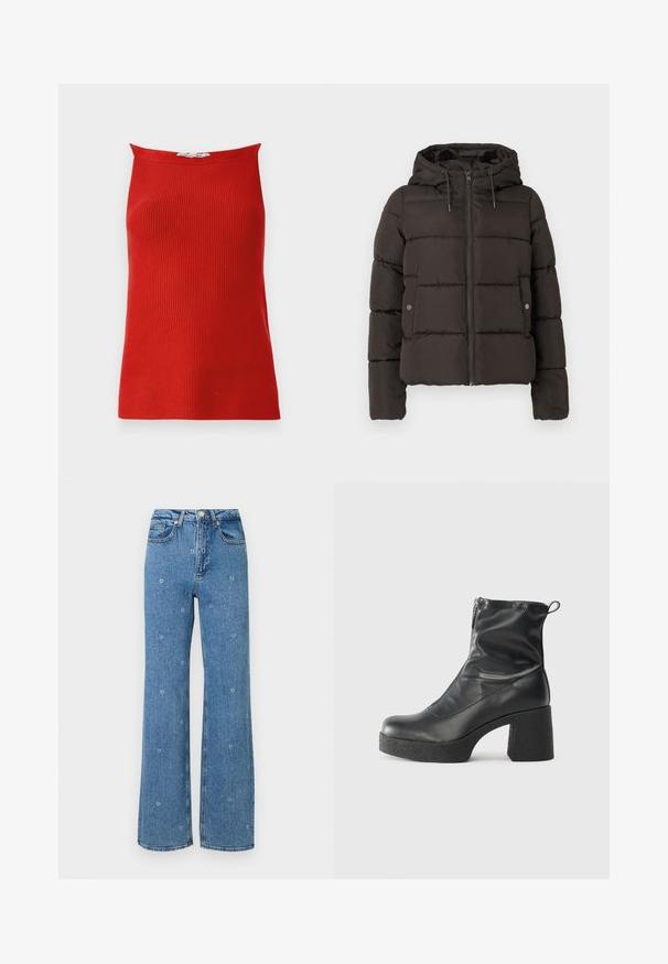 Mustat toppatakki, jossa on huppu, etuvetoketju, tikatut paneelit ja sivutaskut napsulukolla. Liukas kangas.; Punainen ribattu tankkitoppi suoran kauluksen ja tiukan siluetin kanssa, valmistettu sileästä kankaasta. Ei näkyviä sulkijoita tai kuvioita.; Siniset korkeavyötäröiset suorat farkut, joissa on pieniä valkoisia kukkakuvastoja ripoteltuna kankaan pinnalle.; Mustat nilkkurit, jotka on valmistettu sileästä nahasta. Niissä on sivuvetoketju, paksu teksturoitu korko ja pyöristetty kärki.