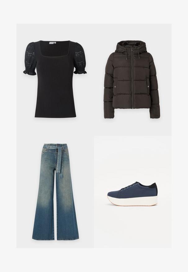 Juodas paminkštintas džemperis su kapišonu, su priekiniais užtrauktukais, siuvinėtais skydais ir šoninėmis kišenėmis su spaustukais. Lygi audinio tekstūra.; Juodas šonkačių viršus su kvadratine iškirpte ir trumpomis, pūstomis nėrinių rankovėmis. turi prigludusią kūno dalį ir susiraukšlėjusias rankovių kraštus.; Platus džinsinis kelnes su šviesiai tamsiai mėlynu gradientu, aukštu juosmeniu, diržo kilpomis ir atitinkančiu audinio diržu. Textūruotas džinsinis paviršius.; Tamsiai mėlynas sportinis batelis su tekstūruotu audiniu viršuje, baltu platformos padu, apvaliu pirštu ir juodu kulno akcentu.š. Yra šešios skylės raišteliams.