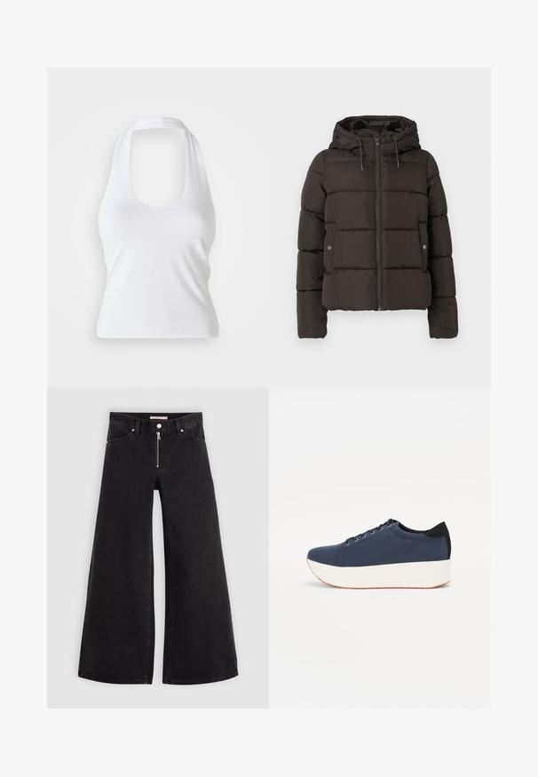 Fekete párnázott dzseki kapucnival, elülső cipzárral, varrott panelekkel és patentos oldalsó zsebekkel. Simább szövettextúra.; Fehér pánt nélküli felső, kerek kivágással, sima, rugalmas anyagból készült. Minimalista dizájn jellemzi, díszítések és minták nélkül.; Fekete denim széles szárú farmer, cipzáros elejével, öt zsebes kialakítással és diszkrét varrással. Sima textúra és laza stílus.; Sötétkék sportcipő, texturált szövet felsőrész, fehér platform talp, lekerekített orr és fekete sarok akcentussal. Hat fűzőlyuk található rajta.