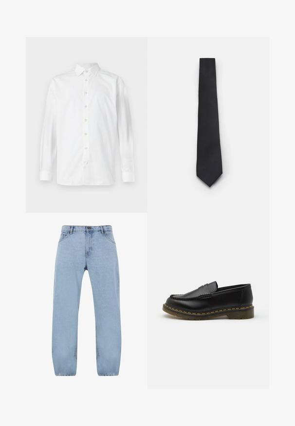 Črna jakna, vijolična srajca, sivi šortsi in sivi športni copati. Dodatki vključujejo belo kapo in črn bandana. Bombažni materiali, priložnostna zasnova.; Bela srajca z dolgimi rokavi, ki ima klasičen ovratnik, sprednje zapenjanje na gumbe in subtilno teksturo, z ukrivljenim robom in zapenjanjem na gumbe na manšetah.; Svjetloplave traperice s ravnim nogavicama, s četiri džepa, zatvaranjem na patentni zatvarač i detaljima u zlatnoj boji.; Črne usnjene loafer čevlje z moškinskim šivanjem, gumijastim podplatom in rumenimi šivi. Zaobljen nos in nizka profilna zasnova.; Ozeka črna kravata z teksturiranim, diagonalnim žlebastim vzorcem. Ima koničast konec in gladko površino. Primerna za formalno nošenje.