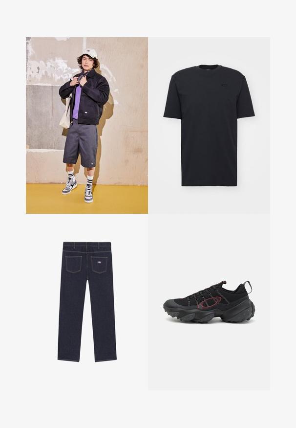 Črna jakna, vijolična srajca, sivi šortsi in sivi športni copati. Dodatki vključujejo belo kapo in črn bandana. Bombažni materiali, priložnostna zasnova.; Črna bombažna majica s kratkimi rokavi in ovratnikom v krogu, z diskretno oznako na prsih in sproščenim krojem.; Temno modri kavbojasti hlače s ravnim krojem, ki imajo dva zadnja žepa in kontrastno rumeno niti. Oznaka blagovne znamke na desnem žepu.; Črne športne copate z teksturiranim mrežastim zgornjim delom, kontrastnimi rdečimi detajli in močnim gumijastim podplatom z zaobljenimi gripi.