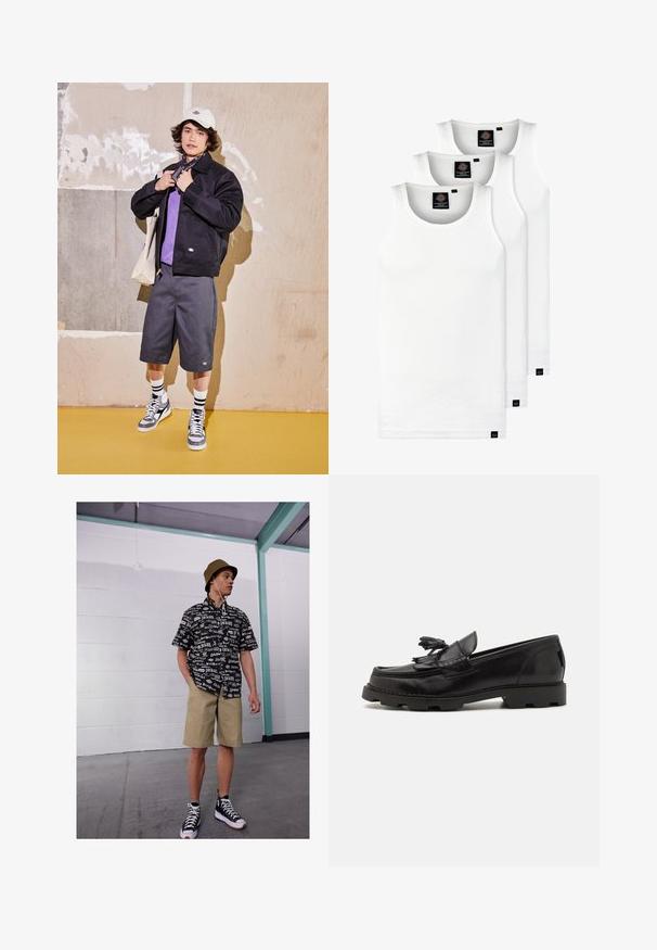 Giacca nera, camicia viola, pantaloni corti grigi e sneakers grigi. Gli accessori includono un cappellino bianco e un bandana nera. Materiali in cotone, design casual.; Tre canotte bianche a coste in cotone. Presentano un colletto rotondo e piccole etichette nere vicino all'orlo. Disponibile in diverse taglie.; Camicetta a maniche corte bianca e nera con un motivo a logo, pantaloni corti color khaki e scarpe da ginnastica alte nere. Cappello a secchiello beige e cavi visibili.; Mocassino in pelle nera con design mocassino, caratterizzato da frange decorative e nappe, superficie testurizzata e suola in gomma robusta.