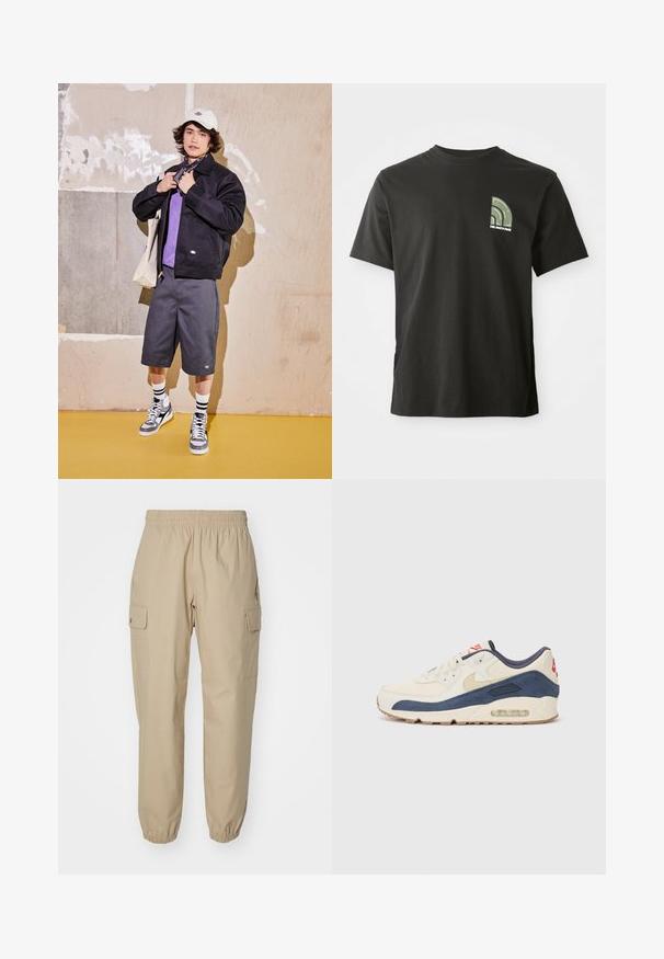 Zwarte jas, paarse shirt, grijze shorts en grijze sneakers. Accessoires omvatten een witte pet en een zwarte bandana. Katoenen materialen, casual ontwerp.; Zwarte t-shirt met korte mouwen en ronde hals, voorzien van een klein groen en wit kwartcirkel logo en de tekst "The North Face" op de linkerkant van de borst.; Beige cargo pants met een elastische tailleband, taps toelopende benen en zijzakken. Glad stof met een licht gestructureerde textuur.; Sneakers met een crème leren en marineblauwe suède bovenkant, voorzien van een zichtbare luchtzool, beige rubberen buitenzool en een rode accent op de hiel.