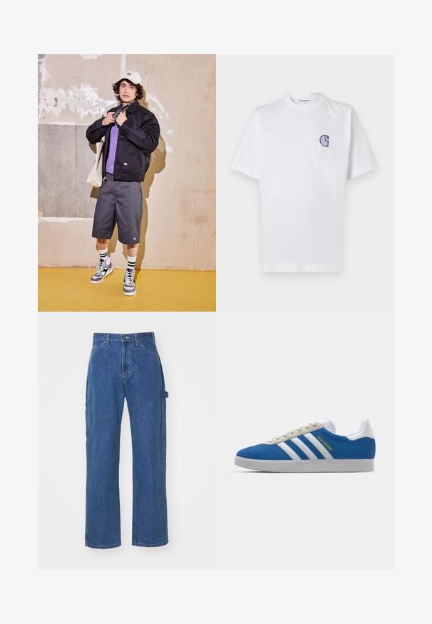 Mustat takit, violetti paita, harmaat shortsit ja harmaat urheilukengät. Asusteina valkoinen lippalakki ja musta bandana. Puuvillamateriaalit, rennon muotoilun.; Valkoinen puuvillainen lyhythihainen T-paita, jossa pyöreä kaula-aukko ja vasemmassa rinnassa pieni, kirjailtu sininen "C"-logo.; Siniset farkut rentoa istuvuutta, suoran lahkeen kanssa, joissa on etu- ja takataskut sekä nappikiinnitys vyötäröllä.; adidas Originals ADIDAS GAZELLE SHOES - Sisäjalkapallokengät - real madrid/bluebird/footwear white/crew yellow