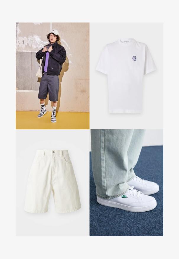 Μαύρο μπουφάν, μωβ πουκάμισο, γκρι σορτς και γκρι αθλητικά παπούτσια. Τα αξεσουάρ περιλαμβάνουν ένα λευκό καπέλο και μια μαύρη μπανανά. Κατασκευασμένα από βαμβακερά υλικά, με casual σχέδιο.; Άσπρο βαμβακερό t-shirt με κοντά μανίκια, στρογγυλή λαιμόκοψη και μικρό, κεντητό μπλε λογότυπο "C" στην αριστερή πλευρά του στήθους.; Λευκές τζιν σορτς σε χαλαρή εφαρμογή, με ζώνη, πέντε τσέπες και ευθεία μπατζάκια. Το ύφασμα έχει ελαφριά υφή.; Λευκά δερμάτινα sneakers με πράσινο λογότυπο Nike, στρογγυλή μύτη, επίπεδη σόλα, συνδυασμένα με ανοιχτό μπλε τζην παντελόνι, τοποθετημένα σε μπλε χαλί.