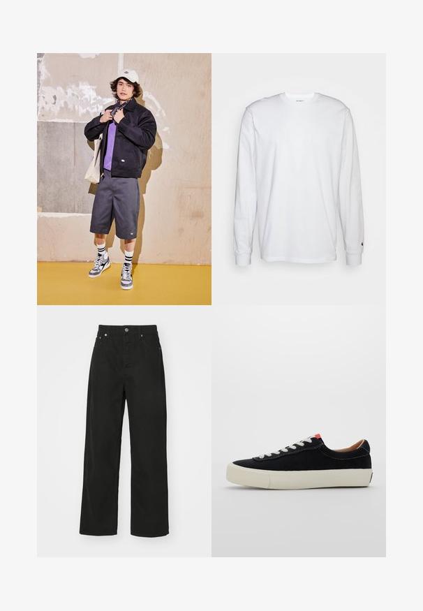 Mustan jakiga, lilla särgiga, hallide lühikeste pükste ja hallide sneakkidega. Aksessuaarideks on valge müts ja must bandaan. Puuvillased materjalid, mugav disain.; Valge pika varrukaga T-särk, mis on valmistatud puuvillast. Ümmargune kaelus, ribaga mansetid ja väike logo vasakul varrukal. Sile tekstuur.; Mustad denim püksid otse säärekujundusega, viie tasku, nööpkinnituse ja klassikalise vöökoha. Sile tekstuur.; Must mustrasneaker mustmustraday valgetus valge nööritega, beež kummist tallaga ja punase aktsendiga kandade juures. Ümar nina ja minimaalne õmblusdetail.