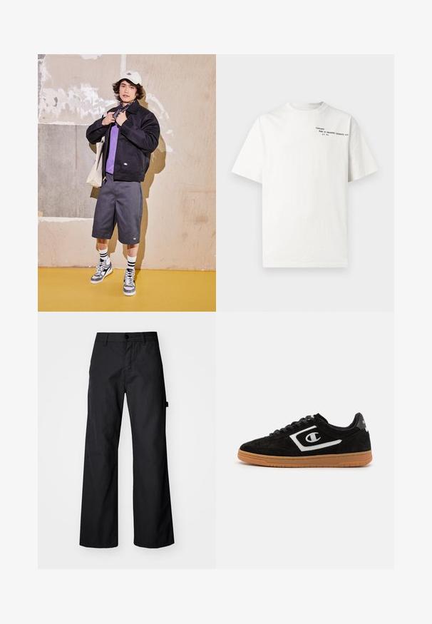 Schwarze Jacke, lila Hemd, graue Shorts und graue Turnschuhe. Accessoires sind eine weiße Mütze und ein schwarzes Bandana. Baumwollmaterialien, lässiges Design.; Weißes Baumwoll-T-Shirt mit kurzen Ärmeln, Rundhalsausschnitt und schwarzem aufgedrucktem Text auf der Brust mit der Aufschrift "Carhartt Work in Progress 1989."; Schwarze, weite Hosen aus robustem Stoff. Verfügt über einen Knopfverschluss und Seitentaschen. Glatte Textur mit einem schlichten Design.; Schwarze Wildleder-Sneaker mit weißem Logo, Schnürdesign und Gummisohle. Verfügt über eine glatte Textur und runde Form.