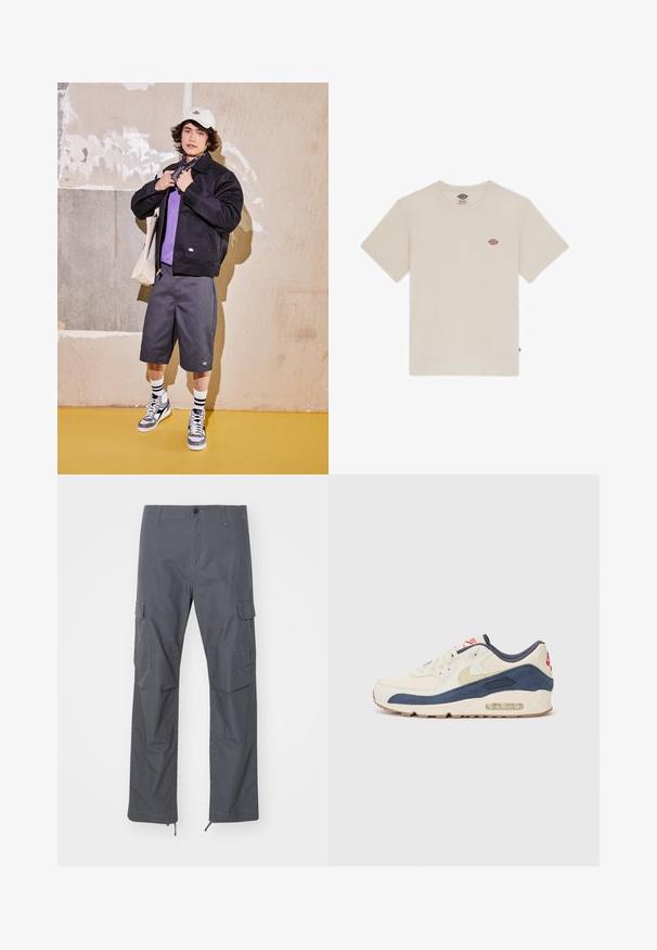 Svart jakke, lilla skjorte, grå shorts og grå joggesko. Tilbehør inkluderer en hvit caps og et svart bandana. Bomullsmaterialer, uformelt design.; Kremfarget bomullst-skjorte med korte ermer, rund hals og en liten flerfarget brodert logo på brystet.; Grå cargo bukser med rett passform, flere lommer, knappelukking og justerbare mansjetter i skjørtet. Laget av slitesterkt, lett materiale.; Sko med overdel i kremfarget lær og marineblå semsket skinn, med synlig luftsåle, beige gummisåle og rød detalj på hælen.