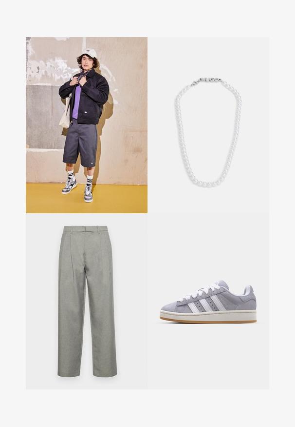 Czarna kurtka, fioletowa koszula, szare szorty i szare trampki. Dodatki to biała czapka i czarna chustka. Materiały bawełniane, casualowy design.; Czarna bawełniana koszulka z okrągłym dekoltem, krótkimi rękawami i prostym dołem. Gładka faktura; prosty, nieozdobiony design.; Szare dopasowane spodnie z teksturowanej tkaniny, o prostym kroju nogawki, z fałdami z przodu oraz standardowym paskiem z szlufkami.; Szare zamszowe trampki z białymi paskami, okrągłym noskiem i gumową podeszwą. Zawierają perforacje po bokach oraz teksturowany uchwyt na pięcie.; Biała perłowa naszyjnik o gładkiej fakturze, z zapięciem ze srebra, na którym wyryto słowo "HUGO". Perły w równych rozmiarach w klasycznym wzorze.