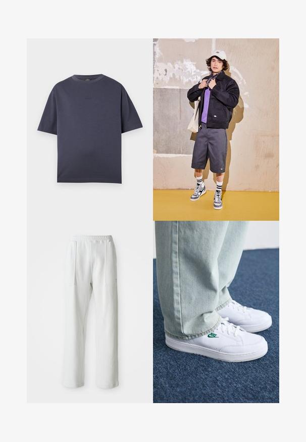 Mustan jakiga, lilla särgiga, hallide lühikeste pükste ja hallide sneakkidega. Aksessuaarideks on valge müts ja must bandaan. Puuvillased materjalid, mugav disain.; Tumed sinine lühikese varrukaga T-särk, mis on valmistatud pehmest puuvillasegusest kangast. Ümmargune kaelus, mugav lõige ja rindkere peen embotsed logo.; Valged juhuslikud püksid elastse vöökoha ja suurte esipastalaukudega, esitatud ühe lihtsa heleda tausta taustal.; Valged nahast tennisetossud rohelise Nike logo ja ümarate varvastega, lamedate taldadega, koos helesiniste teksapükstega, esitatud sinisel vaibal.