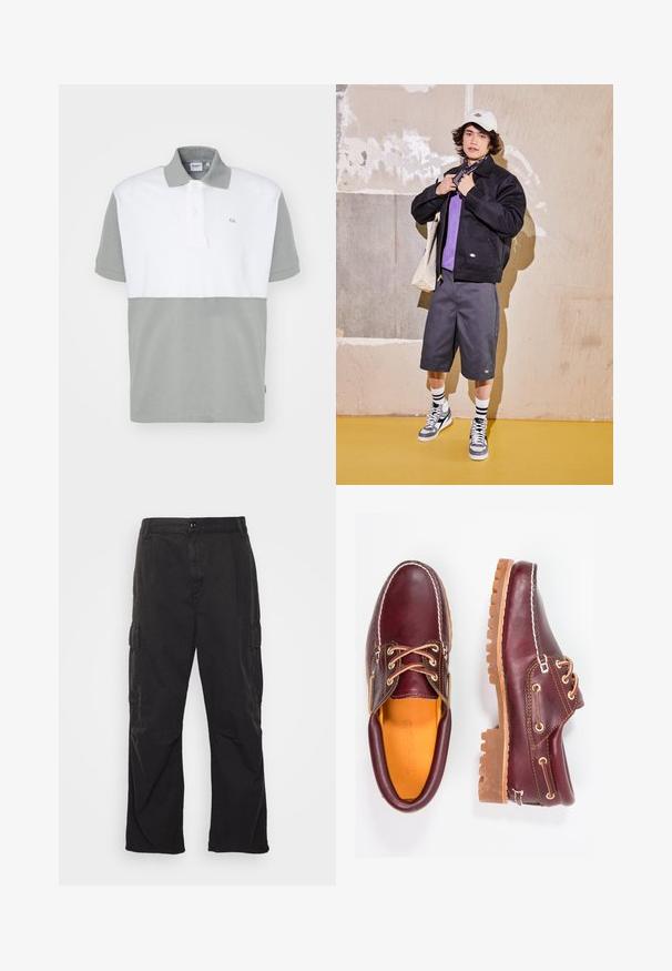 Svart jacka, lila skjorta, grå shorts och grå sneakers. Tillbehör inkluderar en vit keps och en svart bandana. Material i bomull, avslappnad design.; Kortärmad polotröja med vit överdel och salviagrön underdel. Krage med två knappar, mjukt tyg och diskret logotypdetalj.; Svarta cargobyxor med rak bendesign, som har två sidofickor, ett knäppclosure och en strukturerad tyg.; Burgundy läderskor med bruna gummisulor, rund tå, vit söm och gyllene öljetter. Inredningen har en gul foder.
