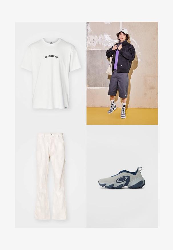 Černá bunda, fialová košile, šedé šortky a šedé tenisky. Doplňky zahrnují bílou čepici a černý šátek. Bavlněné materiály, volný design.; Bílé tričko s krátkým rukávem vyrobené z bavlny, s černým zakřiveným logem "DICKIES" na hrudi, kulatým výstřihem a volným střihem.; Krémové zvonové kalhoty s vertikálními červenými pruhy, s knoflíkovým zapínáním, bočními kapsami a hladkým texturovaným materiálem.; Obuv s šedým svrškem a námořnickými detaily, má zakřivený design, hladkou texturu a robustní podrážku s modrou gumovou profilací.