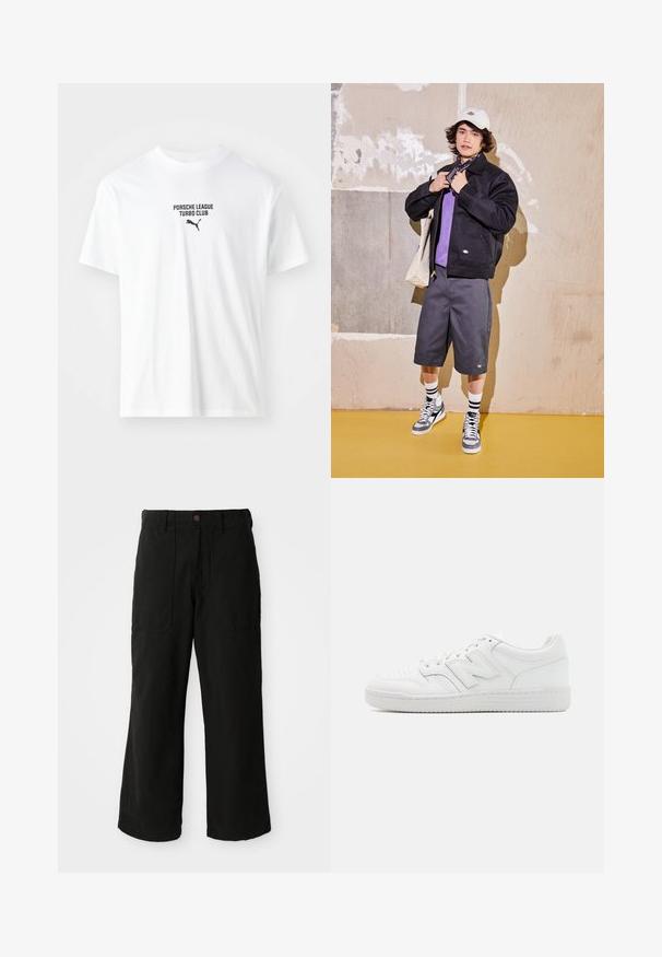Chaqueta negra, camisa morada, pantalones cortos grises y zapatillas grises. Los accesorios incluyen una gorra blanca y un pañuelo negro. Materiales de algodón, diseño casual.; Camiseta de algodón blanca con el texto "PORSCHE LEAGUE TURBO CLUB" y un logo negro de Puma. Cuello redondo y mangas cortas.; Pantalones de pierna ancha en color negro, fabricados en un tejido suave, con bolsillos frontales y cierre de botón en la cintura. Diseño minimalista sin patrones visibles.; Zapatilla blanca hecha de cuero suave, con puntera perforada, suela de goma texturizada, cordones planos y un prominente logo 'N' en el lateral.