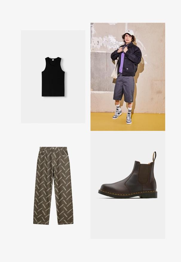 Černá bunda, fialová košile, šedé šortky a šedé tenisky. Doplňky zahrnují bílou čepici a černý šátek. Bavlněné materiály, volný design.; Černý tílko s kulatým výstřihem a širokými ramínky. Vyrobeno z měkké látky, s hladkým povrchem a jednoduchým designem.; Khaki džíny s celoplošným vzorem peří v světle béžové barvě. Volný střih se standardními kapsami a detaily kontrastního šití.; Hnědé kožené Chelsea boty s elastickými bočními panely, texturovaným podpatkem a kontrastním žlutým prošíváním. Mají poutko pro snadné obouvání.