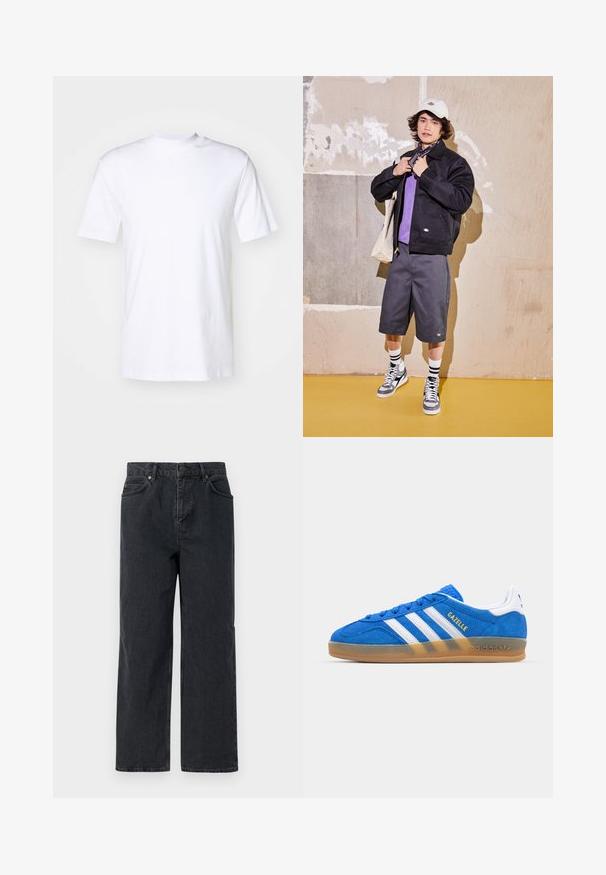 Sort jakke, lilla skjorte, grå shorts og grå sneakers. Tilbehøret inkluderer en hvid kasket og et sort bandana. Bomuldsstoffer, afslappet design.; Hvid T-shirt med korte ærmer lavet af bomuld, med rund halsudskæring og lige kant. Glat tekstur uden synlige mønstre eller detaljer.; Mørkeblå denimbukser med bred ben, fem-lomme design og knaplukning. Inkluderer kobberfarvet hardware og subtil tekstur.; Blå ruskinds sneakers med hvide striber og "Gazelle" tekst. Har gummisåler og strukturerede detaljer på overdelen. Klassisk design.