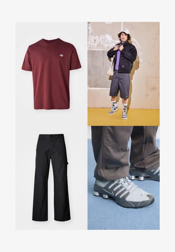 Μαύρο μπουφάν, μωβ πουκάμισο, γκρι σορτς και γκρι αθλητικά παπούτσια. Τα αξεσουάρ περιλαμβάνουν ένα λευκό καπέλο και μια μαύρη μπανανά. Κατασκευασμένα από βαμβακερά υλικά, με casual σχέδιο.; Βουργουνδί μπλούζα από βαμβάκι με στρογγυλή λαιμόκοψη, κοντά μανίκια και μικρό κυκλικό λογότυπο της μάρκας κεντημένο στο αριστερό στήθος.; Μαύροι παντελόνια με φαρδιά πόδια φτιαγμένα από ανθεκτικό ύφασμα. Διαθέτουν κλείσιμο με κουμπί και πλαϊνές τσέπες. Λείο υλικό με καθαρή σχεδίαση.; Γκρίζα και ασημένια αθλητικά παπούτσια Nike Shox με κομψό σχεδιασμό, από πλέγμα και συνθετικά υλικά, στρογγυλή μύτη και επενδεδυμένο κολάρο.