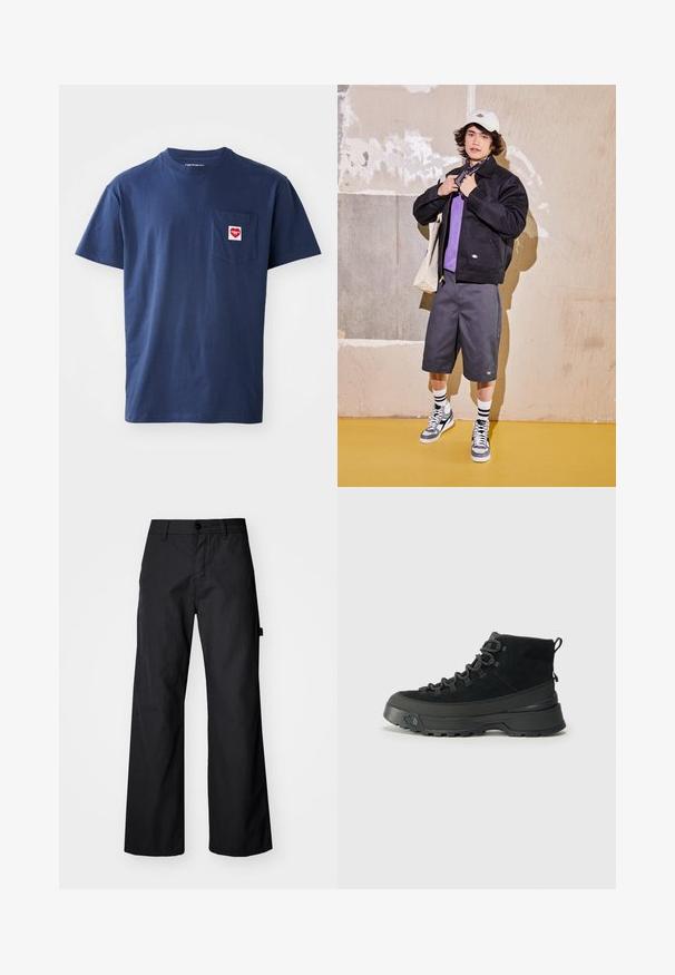 Černá bunda, fialová košile, šedé šortky a šedé tenisky. Doplňky zahrnují bílou čepici a černý šátek. Bavlněné materiály, volný design.; Námořnická modrá bavlněná tričko s kulatým výstřihem, krátkými rukávy a náprsní kapsou, na které je červené a bílé srdíčko.; Černé široké kalhoty vyrobené z odolné tkaniny. Obsahují zapínání na knoflík a boční kapsy. Hladký povrch s jednoduchým designem.; Černá turistická bota se svrstvenou horní částí z nubuku, robustní gumovou podešví a zesílenými očky pro tkaničky. Obsahuje poutko na zadní straně pro snadné obouvání.