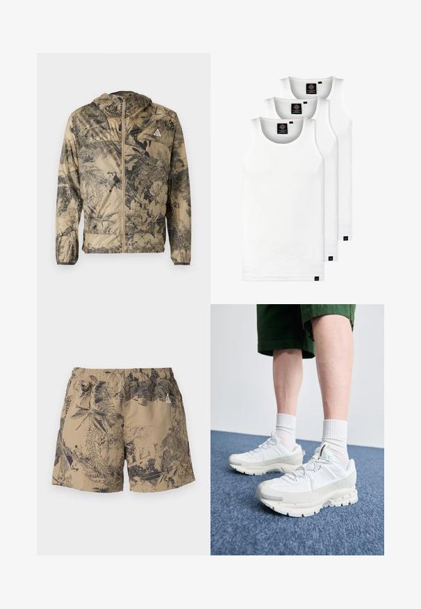 Könnyű bézs dzseki fekete növényi mintával. Kapucnival, elülső cipzárral és rugalmas mandzsettákkal rendelkezik. Minimalista dizájn, látható fémalkatrészek nélkül.; Három fehér csíkos pamut trikó. Felső része kerek nyakkivágású, és a szegély közelében kis fekete címkék találhatók. Több méretben elérhető.; Beige bermuda nadrág fekete természetes mintával, rugalmas derékpánttal és zsinórral. Könnyű anyagból készült, alkalmas hétköznapi viseletre.; Fehér sportcipők texturált burkolattal, vastag talppal és szürke részletekkel. Fehér sportzoknival és zöld rövidnadrággal viselve, kék felületen.
