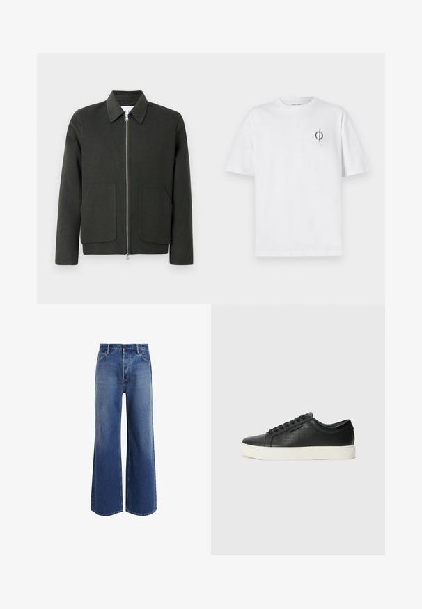 Tummanvihreä villasekoitekangas takki, jossa on kauluspääntie, edessä vetoketju ja kaksi suurta tilkkutaskua. Yksinkertainen muotoilu pehmeällä pinnalla.; Valkoinen puuvillapaita rentoa istuvuutta, jossa on pieni musta graafinen logo vasemmassa rintataskussa. Lyhyet hihat, pyöreä kaula-aukko.; Korkeavyötäröiset leveälahkeiset farkut keskisinisessä denimissä, joissa on klassinen viisi-taskuinen muotoilu, vaaleat kulumat ja rikottuja helmoja.; Mustat nahkasneakersit rei'itetyllä pinnalla, pyöreällä varvalla ja litteällä valkoisella kumipohjalla. Varustettu mustilla nauhoilla ja hienovaraisella logolla sivussa.