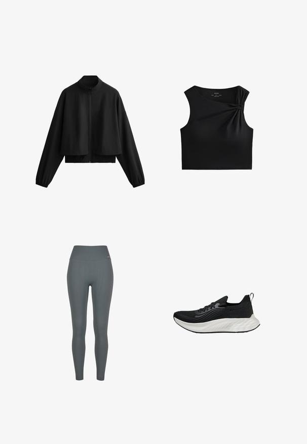Crna skraćena jakna s visokim ovratnikom, zatvaranjem na patentni zatvarač, širokim rukavima i elastičnim manšetama. Glatka tekstura, minimalistički dizajn i bez vidljivih uzoraka.; Crni bezrukavni kratki top s čvorastim detaljem na ramenu, izrađen od glatkog, rastezljivog materijala s pripijenim dizajnom.; Rebraste tajice tamnosive boje, sa visokim pojasom, rastezljivom tkaninom i prilagođenim dizajnom. Nema vidljivih logotipa ili uzoraka.; Crna atletska cipela s teksturiranim gornjim dijelom, bijelim jastučićem potplatom i suptilnim brendingom. Ima petlju za povlačenje i vezanje.
