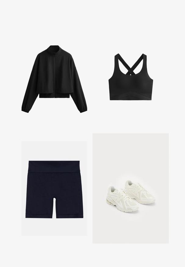 Zwarte cropped jas met hoge kraag, ritsluiting, brede mouwen en elastische manchetten. Glad textuur, minimalistisch ontwerp en geen zichtbare patronen.; Zwarte sportbeha met gekruiste banden, gladde textuur en een brede band met een chevronpatroon op het onderste gedeelte.; Navyblauwe katoenen shorts met een brede elastische tailleband, met een getailleerd ontwerp en platte naden voor comfort.; Witte sportschoenen van mesh en synthetische materialen, vetersluiting, gevoerde kraag en een gestructureerde zool voor grip. Lichtgewicht constructie.
