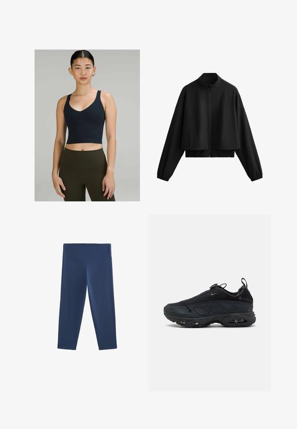 Sort cropped jakke med høj krave, lynlås lukning, brede ærmer og elastiske manchetter. Glat tekstur, minimalistisk design og ingen synlige mønstre.; Marineblå cropped sportstop med v-udskæring og tynde stropper, lavet af strækbart stof, sammen med højtaljede olivengrønne leggings.; Mørkeblå knælange leggings lavet af et strækbart stof med en bred, flad talje og glat tekstur, designet til komfort og nem bevægelse.; Sorte sneakers med en tekstureret mesh-overdel, gummisål og synlig luftdæmpning. Har stropper og perforerede detaljer for åndbarhed.