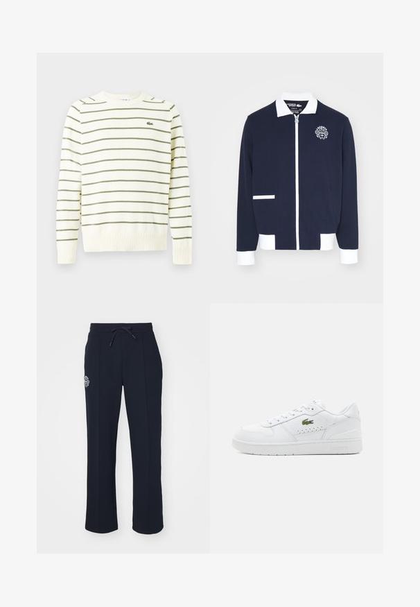 Mornarska jakna na zadrgo iz teksturirane tkanine, z belimi dodatki, ovratnikom in vezanem logoju teniškega kluba na levi prsni strani.; Svetlo bež pulover z olivno zelenimi vodoravnimi črtami, ribanimi manšetami in robom, z majhnim logotipom na levem prsnem delu.; Mornarske modre trenirke iz mehkega materiala, z vrvico za prilagajanje v pasu in stranskimi naborki. Vključujejo majhen vezen logotip na levem stegnu.; Bele usnjene superge s perforiranimi detajli, ravne vezalke in majhnim zelenim logotipom na strani. Guma podplat in oblazinjeni ovratnik za udobje.