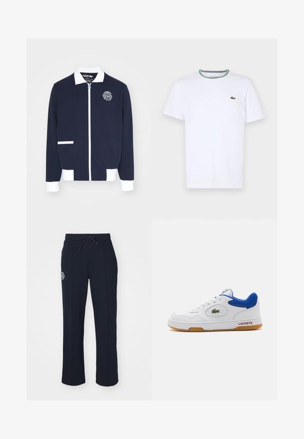 Casaco de fecho éclair em tom de azul-marinho, feito de tecido texturizado, com detalhes em branco, gola e um logótipo bordado de clube de ténis no peito esquerdo.; T-shirt branco de algodão de mangas curtas com colarinho canelado, apresentando riscas verdes e pretas; pequeno logotipo verde bordado no lado esquerdo do peito.; Calças de moletom azul-marinho feitas de tecido suave, com um cós elástico ajustável e pregas laterais. Inclui um pequeno logótipo bordado na coxa esquerda.; Sapatilha de couro branca com detalhes em malha azul, biqueira redonda, sola de borracha e sola de borracha natural. Apresenta logótipo bordado e nome da marca na lateral.