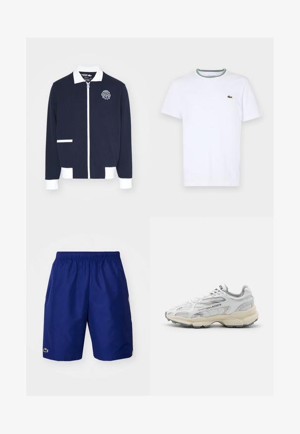 Ναυτικού χρώματος ζακέτα με φερμουάρ, κατασκευασμένη από υφασμάτινο υλικό με υφή, διαθέτοντας λευκά αξεσουάρ, γιακά και κεντημένο λογότυπο τένις στην αριστερή πλευρά του στήθους.; Λευκό κοντομάνικο μπλουζάκι φτιαγμένο από βαμβάκι με rib κολάρο που διαθέτει πράσινες και μαύρες ρίγες; μικρό πράσινο κεντητό λογότυπο στην αριστερή πλευρά του στήθους.; Σκούρο μπλε αθλητικά σορτς με ελαστική μέση, διαθέτοντας ένα μικρό λογότυπο στο αριστερό τελείωμα και λεία, ελαφριά υφή.; Λευκά αθλητικά παπούτσια με γκρι λεπτομέρειες, επάνω μέρος από πλέγμα και συνθετικό υλικό, σχέδιο με κορδόνια και υφασμάτινη σόλα από καουτσούκ με υφές που προσφέρουν πρόσφυση.