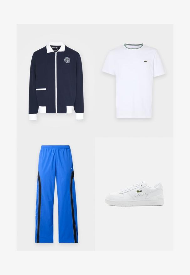 Navyfarbige, gefütterte Jacke aus strukturiertem Material mit weißen Akzenten, einem Kragen und einem gestickten Tennisclub-Logo auf der linken Brust.; Weißes Baumwoll-T-Shirt mit kurzen Ärmeln und geripptem Kragen, der grüne und schwarze Streifen hat; kleines grünes gesticktes Logo auf der linken Brust.; Blaue Sporthosen aus leichtem Stoff, mit schwarzen seitlichen Einsätzen und weißen Paspelierungen. Elastischer Bund für einen sicheren Sitz.; Weiße Leder-Sneaker mit perforierten Akzenten, flachen Schnürsenkeln und einem kleinen grünen Logo an der Seite. Gummisohle und gepolsterter Kragen für Komfort.