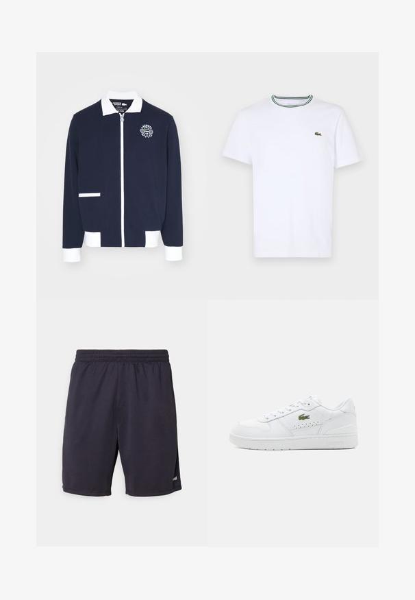 Marineblå jakke med glidelås laget av teksturert stoff, med hvite detaljer, krage og en brodert tennis klubb-logo på venstre bryst.; Hvit bomulls T-skjorte med korte ermer og ribbet krage som har grønne og svarte striper; liten grønn brodert logo på venstre bryst.; Marineblå shorts laget av lett stoff med elastisk midje, med en subtil glans og sidespalter for bevegelsesfrihet.; Hvite lær sneakers med perforerte detaljer, flate lisser og en liten grønn logo på siden. Gummisåle og polstret krage for komfort.