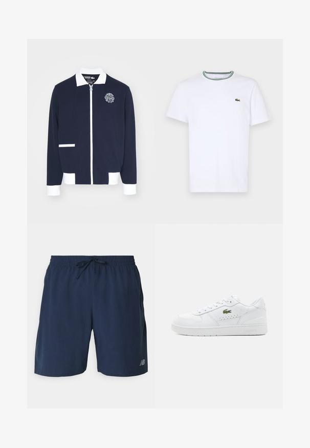Navy zipped jacket made of textured fabric, featuring white accents, a collar, and an embroidered tennis club logo on the left chest.; White cotton short-sleeve T-shirt with a ribbed collar featuring green and black stripes; small green embroidered logo on left chest.; Navy blue athletic shorts with an elastic waistband and drawstring. Features a smooth texture and a small white logo on the lower side.; White leather sneakers with perforated accents, flat laces, and a small green logo on the side. Rubber sole and padded collar for comfort.