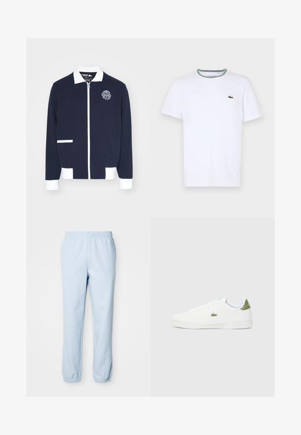 Námořnická zipsová bunda vyrobená z texturované tkaniny, s bílými akcenty, límcem a vyšitým logem tenisového klubu na levé hrudi.; Biela bavlnená tričko s krátkym rukávom a rebrovaným golierom s zelenými a čiernymi pruhmi; malá zelená vyšitá logo na ľavej hrudi.; Svetlo modré tepláky vyrobené z mäkkej tkaniny, s elastickým pásom a manžetami na členkoch pre uvoľnený strih. Žiadne viditeľné vzory ani kovania.; Biele tenisky s hladkým povrchom, s zeleným akcentom na päte a malým vyšitým logom krokodíla na boku.