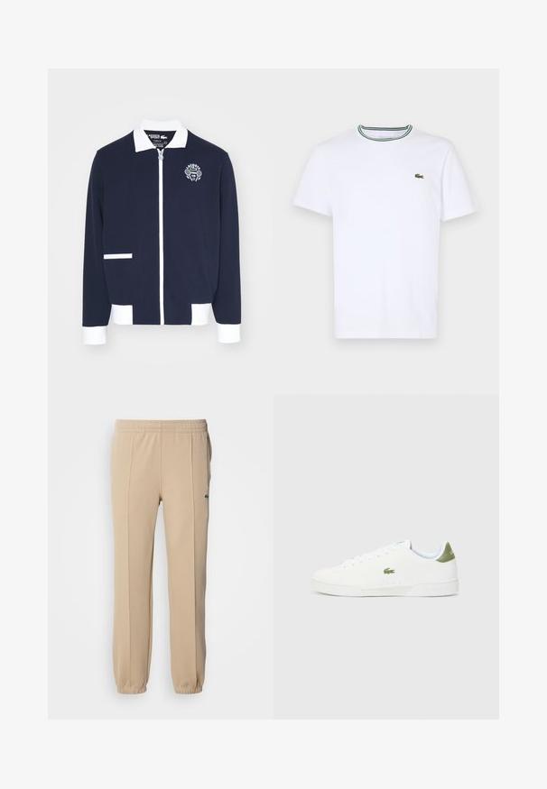 Marineblå jakke med glidelås laget av teksturert stoff, med hvite detaljer, krage og en brodert tennis klubb-logo på venstre bryst.; Hvit bomulls T-skjorte med korte ermer og ribbet krage som har grønne og svarte striper; liten grønn brodert logo på venstre bryst.; Lacoste Joggebukse - viennese; Hvite joggesko med en glatt tekstur, med en grønn detalj på hælen og en liten brodert krokodillelogo på siden.