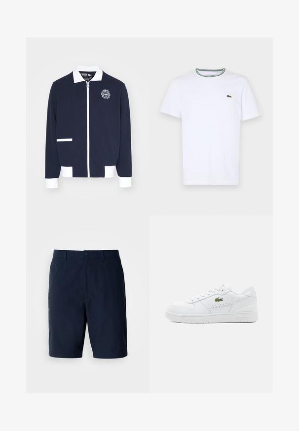 Navy zipped jacket made of textured fabric, featuring white accents, a collar, and an embroidered tennis club logo on the left chest.; White cotton short-sleeve T-shirt with a ribbed collar featuring green and black stripes; small green embroidered logo on left chest.; Navy blue shorts made of lightweight fabric, featuring a classic fit, rear pockets, and a front button closure with a zip fly.; White leather sneakers with perforated accents, flat laces, and a small green logo on the side. Rubber sole and padded collar for comfort.