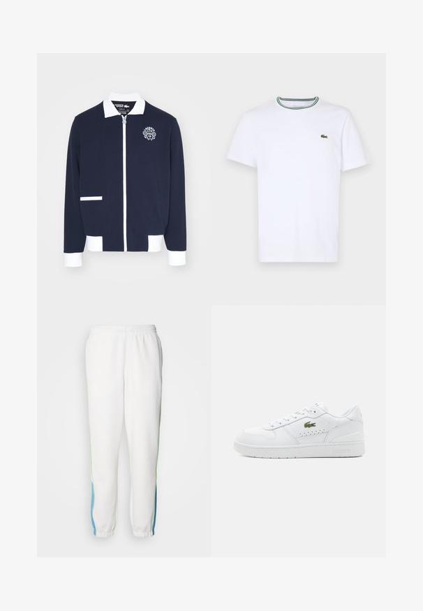 Tengerészeti zipzáros kabát struktúrált anyagból, fehér díszítésekkel, gallérral és hímzett teniszklub logóval a bal mellrészen.; Fehér pamut, rövid ujjú póló bordás gallérral, zöld és fekete csíkokkal; kis zöld hímzett logó a bal mellen.; Fehér melegítőnadrág, gumis derékkal, zöld és kék oldalsávokkal. Puha anyagból készült, taperált bokarészes kialakítással.; Fehér bőr sportcipők perforált részletekkel, lapos fűzőkkel, és egy kis zöld logóval az oldalon. Gumitalp és párnázott gallér a kényelem érdekében.