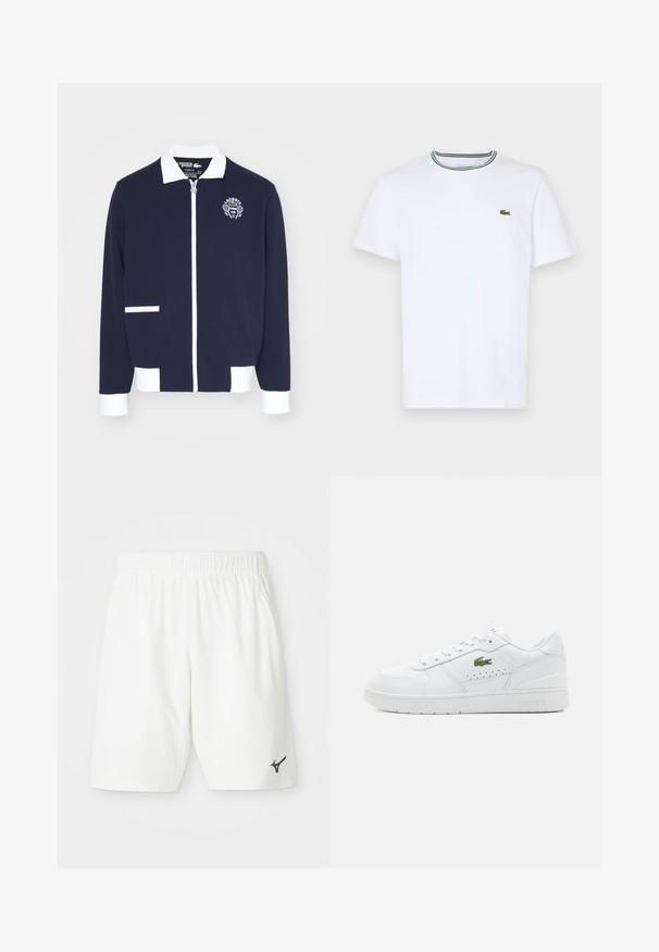 Navyfarbige, gefütterte Jacke aus strukturiertem Material mit weißen Akzenten, einem Kragen und einem gestickten Tennisclub-Logo auf der linken Brust.; Weißes Baumwoll-T-Shirt mit kurzen Ärmeln und geripptem Kragen, der grüne und schwarze Streifen hat; kleines grünes gesticktes Logo auf der linken Brust.; Weiße Sportshorts mit einem elastischen Bund und einem schwarzen Logo auf der unteren linken Seite. Hergestellt aus einem glatten, leichten Material.; Weiße Leder-Sneaker mit perforierten Akzenten, flachen Schnürsenkeln und einem kleinen grünen Logo an der Seite. Gummisohle und gepolsterter Kragen für Komfort.
