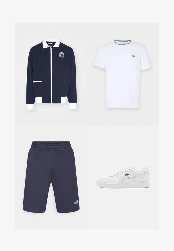 Marineblå jakke med glidelås laget av teksturert stoff, med hvite detaljer, krage og en brodert tennis klubb-logo på venstre bryst.; Hvit bomulls T-skjorte med korte ermer og ribbet krage som har grønne og svarte striper; liten grønn brodert logo på venstre bryst.; Mørkeblå treningsshorts laget av mykt stoff, med elastisk midjebånd og en hvit Puma-logo nederst til venstre.; Hvite lær sneakers med perforerte detaljer, flate lisser og en liten grønn logo på siden. Gummisåle og polstret krage for komfort.