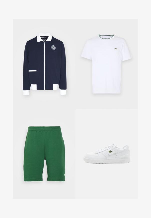 Jūras zila jaciņa ar rāvējslēdzēju, izgatavota no teksturēta auduma, ar baltām akcentēm, apkakli un izšūtu tenisa kluba logo kreisajā krūtī.; Balta kokvilnas T-kreklā ar īsām piedurknēm un ribotu apkakli, kas rotāta ar zaļām un melnām svītrām; neliels zaļš izšūts logo kreisajā krūtī.; Zaļi šorti ar elastīgu jostasvietu un sānu kabatām, ar mazu logo kreisajā kājā. Gluda tekstūra, līdz ceļiem.; Baltas ādas sporta apavi ar perforētiem akcentiem, plakaniem šņorēm un mazu zaļu logotipu sānos. Gumijas zole un mīksts apkakle komfortam.