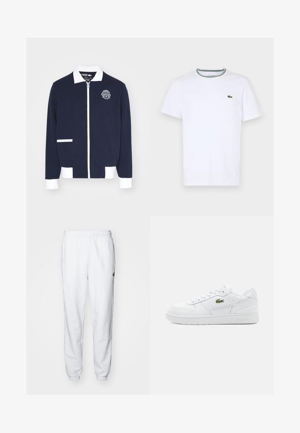 Námořnická zipsová bunda vyrobená z texturované tkaniny, s bílými akcenty, límcem a vyšitým logem tenisového klubu na levé hrudi.; Biela bavlnená tričko s krátkym rukávom a rebrovaným golierom s zelenými a čiernymi pruhmi; malá zelená vyšitá logo na ľavej hrudi.; Biele flísové tepláky s elastickým pásom a manžetami, s zeleným logom na pravej strane. Príjemná, hladká textúra.; Biele kožené tenisky s perforovanými detailmi, plochými šnúrkami a malým zeleným logom na bokoch. Gumová podrážka a polstrovaný golier pre pohodlie.
