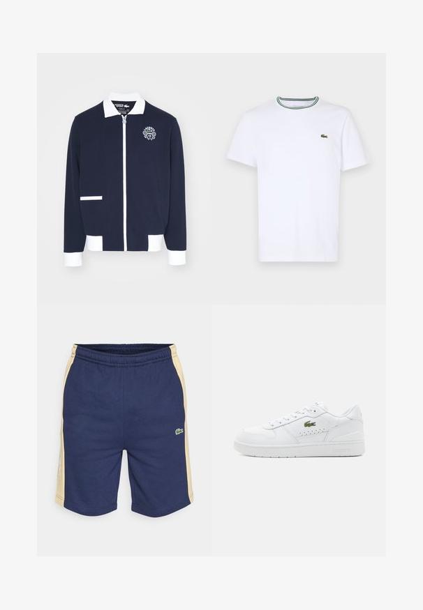 Veste zippée navy en tissu texturé, avec des accents blancs, un col et un logo de club de tennis brodé sur la poitrine gauche.; T-shirt en coton blanc à manches courtes avec un col côtelé présentant des rayures vertes et noires ; petit logo vert brodé sur la poitrine gauche.; Shorts de sport bleu marine avec accents jaunes sur les côtés, taille élastique et logo brodé vert. Confection en tissu doux et flexible.; Baskets en cuir blanc avec accents perforés, lacets plats et un petit logo vert sur le côté. Semelle en caoutchouc et col rembourré pour le confort.
