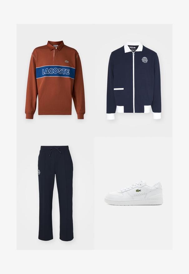 Námořnická zipsová bunda vyrobená z texturované tkaniny, s bílými akcenty, límcem a vyšitým logem tenisového klubu na levé hrudi.; Dlhý rukáv polo tričko v hrdzavej hnedej farbe s modrým horizontálnym pruhom, na ktorom je biele písmo "LACOSTE". Obsahuje golier a detail zeleného loga.; Námornícke modré teplákové nohavice z mäkkého materiálu s elastickým pásom a bočnými záhybmi. Obsahujú malé vyšívané logo na ľavom stehne.; Biele kožené tenisky s perforovanými detailmi, plochými šnúrkami a malým zeleným logom na bokoch. Gumová podrážka a polstrovaný golier pre pohodlie.