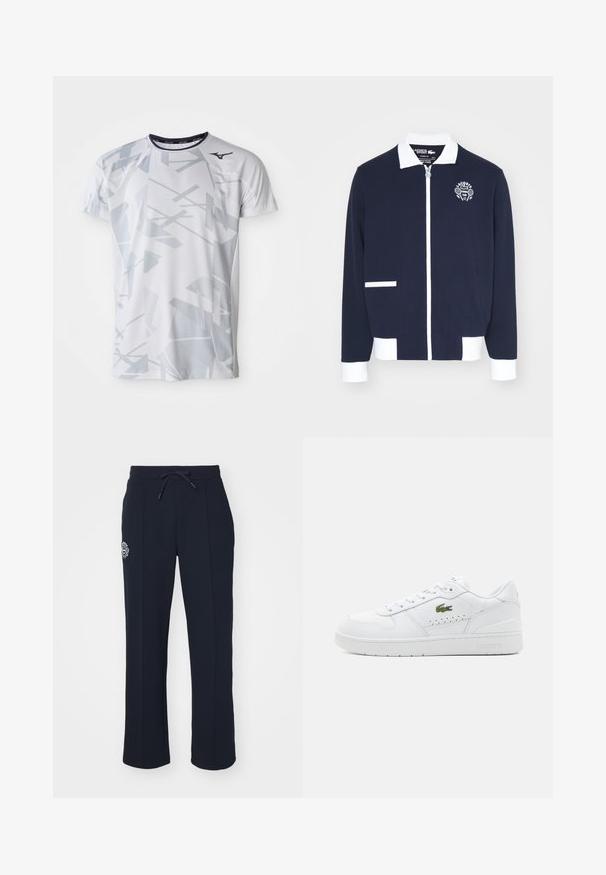 Námořnická zipsová bunda vyrobená z texturované tkaniny, s bílými akcenty, límcem a vyšitým logem tenisového klubu na levé hrudi.; Biele športové tričko s geometrickým šedým vzorom, krátke rukávy, okrúhly výstrih a logo Mizuno na hornej ľavej strane. Vyrobené z priedušného materiálu.; Námornícke modré teplákové nohavice z mäkkého materiálu s elastickým pásom a bočnými záhybmi. Obsahujú malé vyšívané logo na ľavom stehne.; Biele kožené tenisky s perforovanými detailmi, plochými šnúrkami a malým zeleným logom na bokoch. Gumová podrážka a polstrovaný golier pre pohodlie.