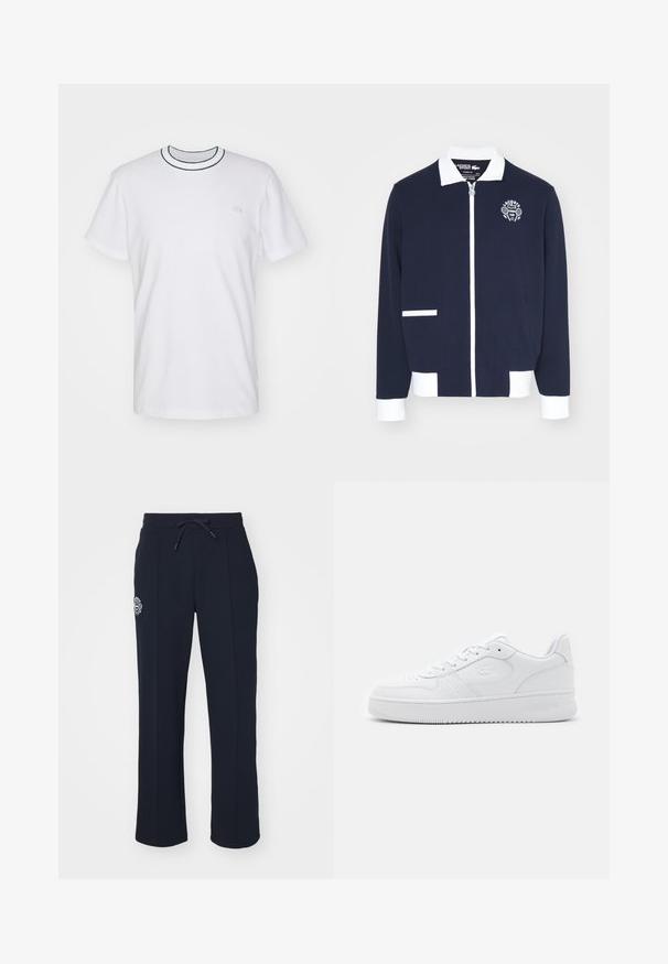 Granatowa kurtka zapinana na zamek, wykonana z teksturowanej tkaniny, z białymi akcentami, kołnierzem oraz haftowanym logo klubu tenisowego po lewej stronie klatki piersiowej.; Lacoste - T-shirt basic; Granatowe spodnie dresowe wykonane z miękkiego materiału, z elastycznym pasem ze sznurkiem i bocznymi plisami. Zawierają małe haftowane logo na lewej udzie.; Białe skórzane trampki z perforowanym noskiem, płaskimi sznurowadłami i wyściełanym kołnierzem. Posiadają wytłoczone logo z boku i teksturowaną gumową podeszwę.