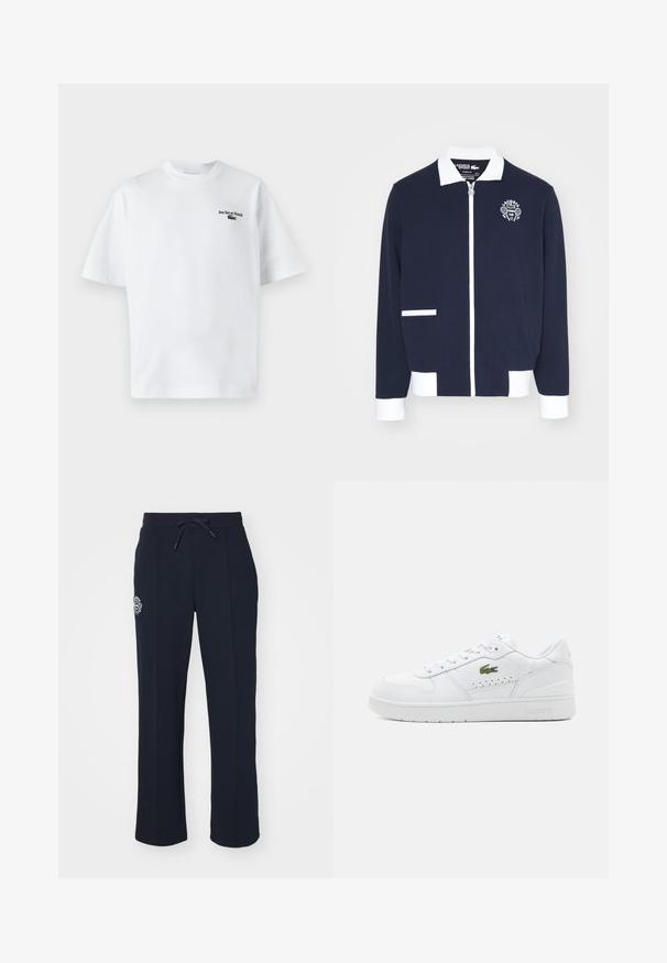 Marineblå jakke med glidelås laget av teksturert stoff, med hvite detaljer, krage og en brodert tennis klubb-logo på venstre bryst.; Hvit bomulls t-skjorte med korte ermer, med teksten "Jeu Set et Match" og en liten grønn logo på venstre bryst. Klassisk passform.; Marineblå joggebukser laget av mykt stoff, med snor i livet og sidelommer. Inkluderer en liten brodert logo på venstre lår.; Hvite lær sneakers med perforerte detaljer, flate lisser og en liten grønn logo på siden. Gummisåle og polstret krage for komfort.