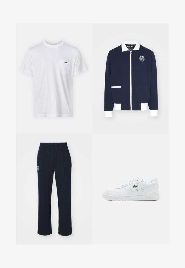Casaco de fecho éclair em tom de azul-marinho, feito de tecido texturizado, com detalhes em branco, gola e um logótipo bordado de clube de ténis no peito esquerdo.; T-shirt de algodão branco com decote redondo e mangas curtas. Apresenta um bolso no lado esquerdo do peito e um pequeno logótipo verde da Lacoste.; Calças de moletom azul-marinho feitas de tecido suave, com um cós elástico ajustável e pregas laterais. Inclui um pequeno logótipo bordado na coxa esquerda.; Sapatilhas brancas de pele com detalhes perfurados, atacadores planos e um pequeno logo verde na lateral. Sola de borracha e colarinho acolchoado para maior conforto.